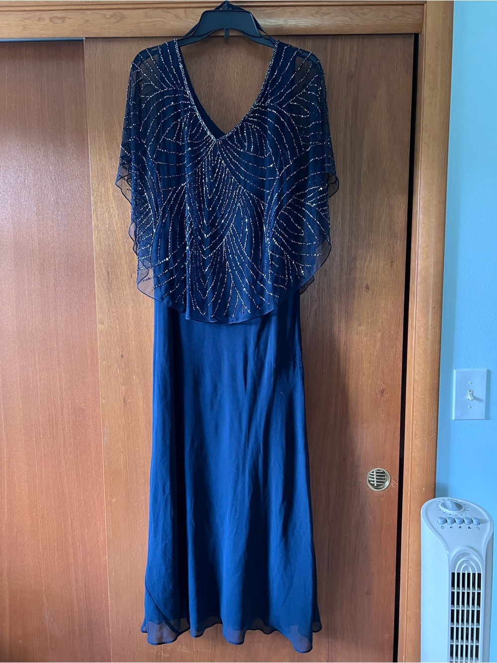 J Kara Navy Beaded Cape-Overlay Maxi Dress
